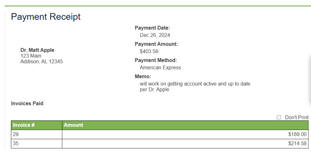 Labnext payment receipt view